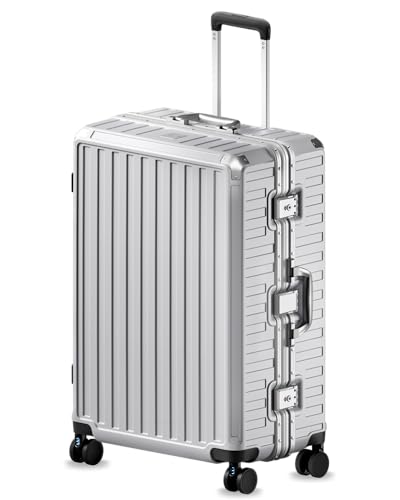 Image of LUGGEX Checked Suitcase with Spinner Wheels, 8010S Aluminum Frame Zipperless Polycarbonate Hard Shell Suitcase (ZX-Core, Silver Grey, 28 Inch)