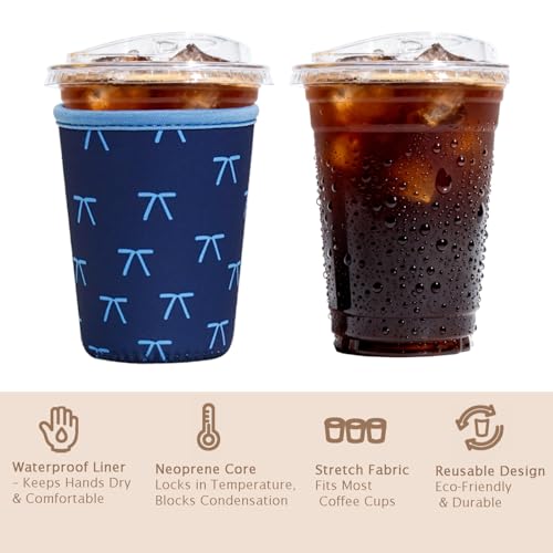 Image of Reusable Insulated Sleeve for Iced Coffee Cup, 3-Pack Coffee Neoprene Drink Sleeve for Cold & Hot Drinks, Beverage Holder for Iced Coffee (Navy Bows)