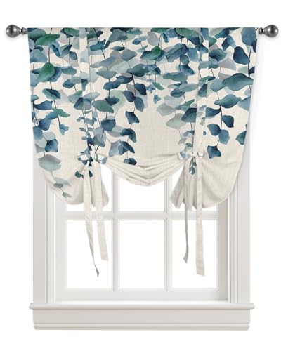Yukro Tie Up Curtains Window Shades, Plants Green Leaves Watercolor Style Linen Texture Rod Pocket Tie Up Window Shade, Adjustable Balloon Curtain Shade for Blinds Kitchen Bathroom, 1 Panel, 34