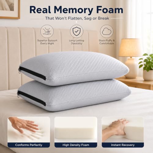 Image of Premium Knitted Fabric Memory Foam Bed Pillow, Standard Size 25 x 17 Inches, Orthopedic Neck Support Pillow with Removable Washable Zipper Cover, Grey Set of 2