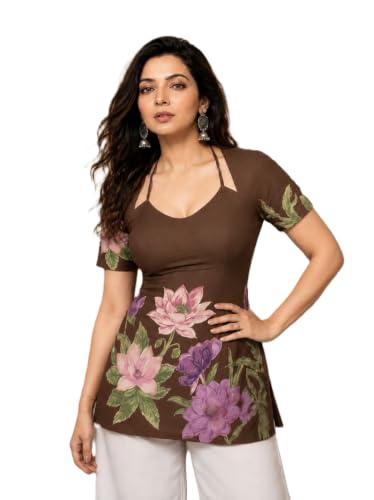 Image of Women's Floral Laila Cut Short Kurti Cotton V-Neck with Lining, Lightweight Short Sleeve Tunic, Breathable, Casual & Office Wear