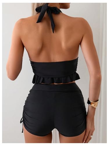 OYOANGLE Women's 2 Piece Tankini Set Two Piece Ruffle Bathing Suits Ruched Halter Swimsuits with Shorts2