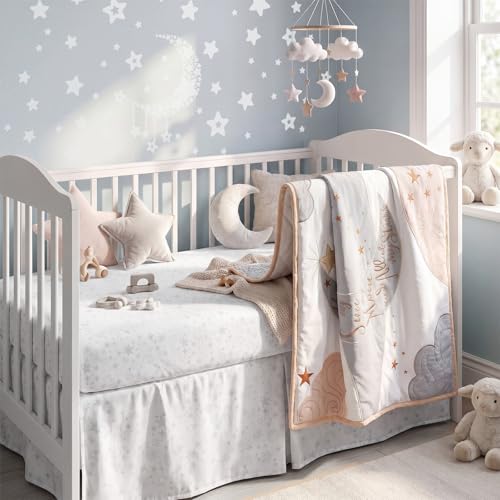 Image of SmoothNovelty 5 Pcs Moon Theme Celestial Crib Bedding Set Include Moon Knot Print Crib Sheets Bed Skirt Comforter Pad Cover Wall Stickers for Nursery Room Decoration