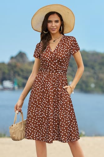 Image of Newshows Womens Summer Short Sleeve Casual Dresses V Neck Floral Vacation Sundress Faux Wrap Midi Dress with Pockets