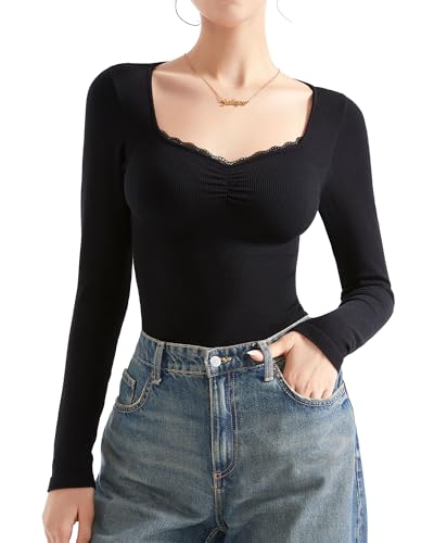 SUUKSESS Women Sweetheart V Neck Long Sleeve Tops Lace Trim Ribbed Modal Fall Going Out Shirts