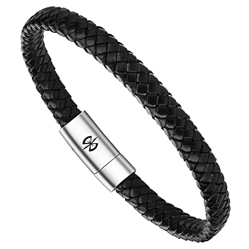 MEGAMUS Pulsera Cuero Hombre, Trenzada Hecha Cuerda Brazalete, Pulseras de Cuentas Cadena, Con Hebilla Magnética de Acero Inoxidable y con Regalo Joyas Caja, para Hombres España (Negro, 17.5) Cover