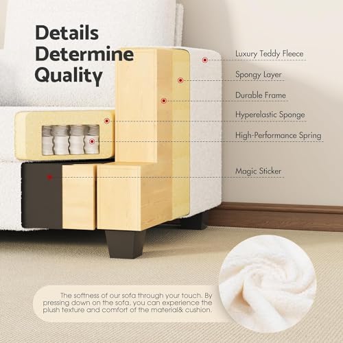 smilesun 63\" Loveseat Sofa, Oversized 2 Seater Couch, Comfy Teddy Velvet Love Seats, Modern Arm Chair with Deep Seat, 2 Lumbar Pillows, Couches for Living Room, White - Thumbnail 5