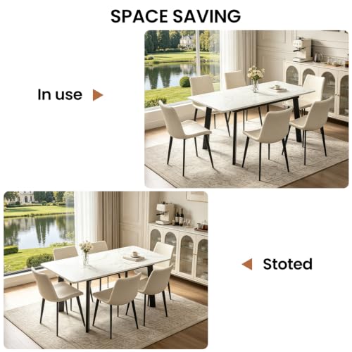 Image of Modern 47.2 inch-63 inch Extendable Rectangular Dining Table, White | Removable Extension Leaf, Durable MDF Tabletop, Accommodates 4-8 Guests, Great for Dining Room Small Kitchen & Dinner Spaces