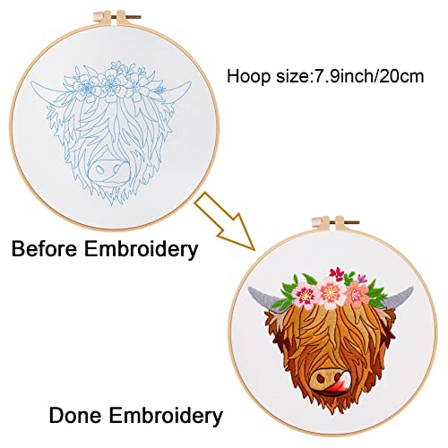 Image of Louise Maelys Highland Cow Stamped Embroidery Kit Floral DIY Craft | Complete DIY Set for Home Crafting or Gifting. Cross Stitch Kits for Adults with Highland Cow Design and Needlepoint Kit
