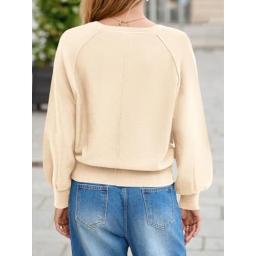 Womens Button Crew Neck Sweater Fall Long Sleeve Henley Shirts Trendy Loose Knit Pullover Tops, Lantern Sleeve Sweater4