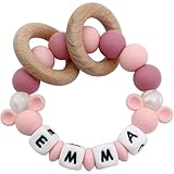 Personalized Baby Teether Rattle with Name - Custom Wooden Teething Toy for Boys & Girls - Handmade Mouse Keepsake Baby Shower Gift (Pink)