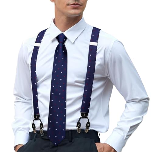 Image of Hi-Tie Men's Suspenders and Tie Set Silk Adjustable Elastic Y Braces with Strong 6 Clips Pocket Square Set