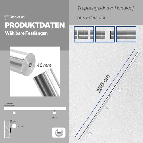 BelovedYard Edelstahl Handlauf 250cm | Treppengeländer Innen Außen Wandmontage V2A