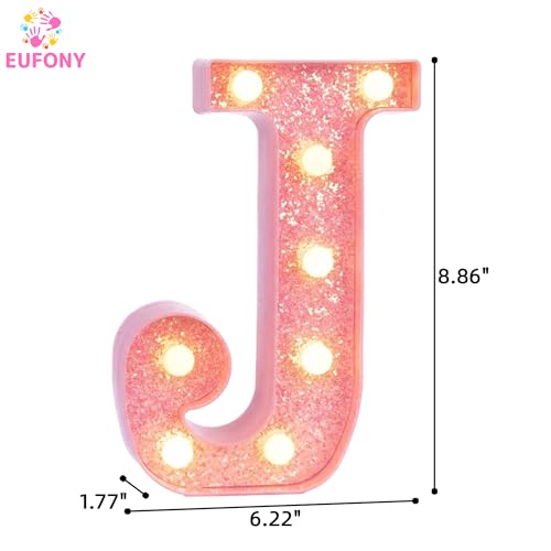 Image of Pink Marquee Light Up Letters, Glitter Alphabet LED Letter Lights for Pink Birthday Party Decorations, Battery Operated Letter Sign for Girls Room Vanity Table Decor, Warm White Lights Letter J