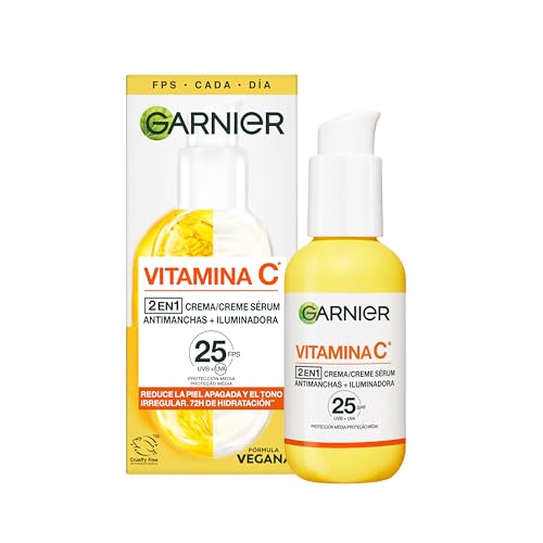 Garnier SkinActive Vitamina C 2 en 1 Crema Sérum Antimanchas Iluminadora FPS 25. Reduce manchas oscuras y corrige el tono irregular con 72 h de hidratación. Protección Media FPS25, 50 ml
