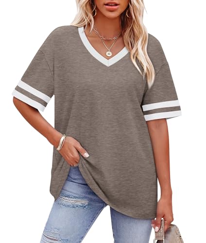 Image of WIHOLL Womens T Shirts Loose Fit Short Sleeve Tees V Neck Color Block Summer Tops 2026 Fashion S-4XL