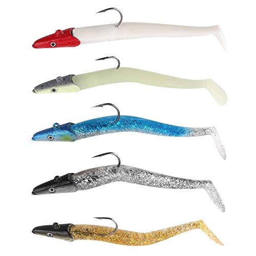 Fishing Lures Set Lead Head Jigs Soft Baits Set with Hook and Brass Sinkers Plastic Artificial Baits Fishing Sinkers Weights (5pcs 4.5in Lead Head Jigs)