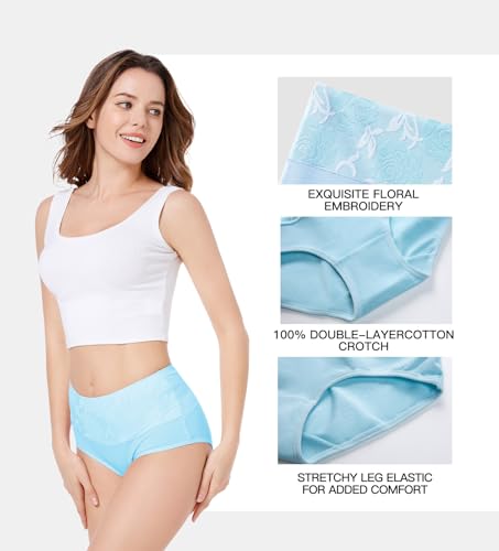 HAVVIS Women's Briefs Underwear Cotton High Waist Tummy Control Panties Rose Jacquard Ladies Panty Multipack