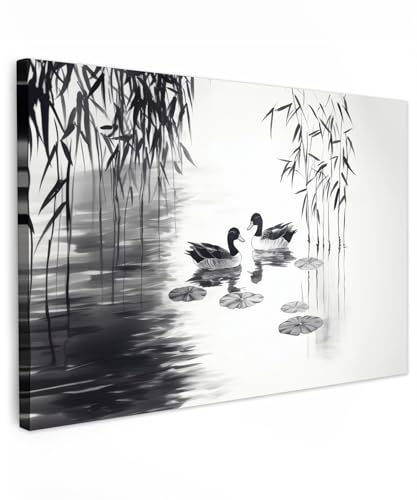 MuchoWow© Quadro Su Tela 30x20 cm Grandi Dimensioni Quadri Moderni Soggiorno Stampa Di Foto Decorazione Camera Letto Da Parete Con Cornice Dipinti Anatre - Ninfee - Canna - Nero