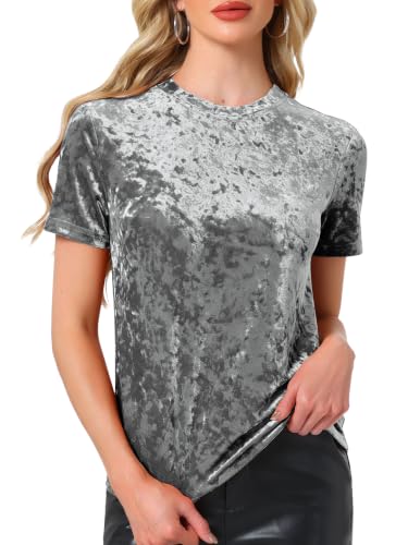 Allegra K Women Christmas Velvet Crew Neck Short Sleeve T-Shirt Light Grey
