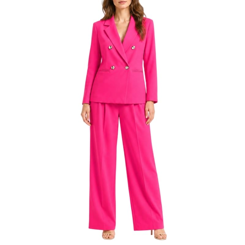 Ensemble tailleur deux pièces femme blazer pantalon large tenue bureau rose XS