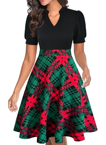 Image of Mokayee Womens Summer Short Puff Sleeve Casual Semi-Formal Fit and Flare Church Wedding Guest Work Dresses with Pockets