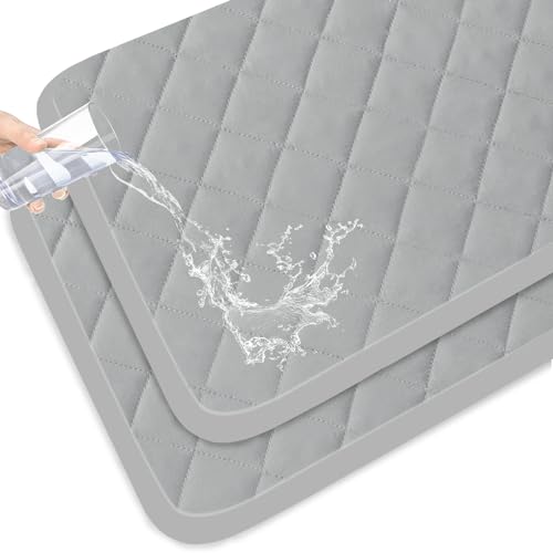 Image of Mini Crib Mattress Protector 2 Pack, Waterproof Mini Crib Mattress Pad Cover Fitted, 38" x 24" Baby Mini Crib Sheets for Boys and Girls, Breathable & Quilted, Grey