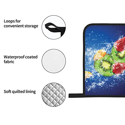 Water Drops Around Fruits On Blue Background Print Oven Mitts Potholders Set Heat Resistant Oven Mitts Gloves Potholder For Cooking Grilling (4-Piece Set) #TOP5