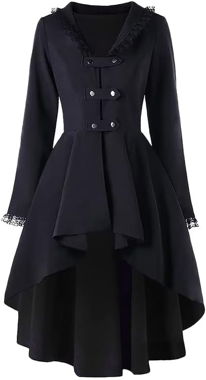 Andongnywell Women's Dovetail Long Trench Open Front Turn-Down Collar Gothic Ruffled Asymmetric Slim Jacket Coat Tailcoat