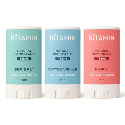 Image of Bitamin Natural Deodorant Underarm Roll On Cream For Kids & Teens | Kids Deodorant Roll On for Girls & Boys With 3% Vitamin C & E | No Aluminium, No Alcohol, No Parabens & No Triclosan | 8 Hour Odour Control, Ages 10-18 | Sea Salt, Peach, Cotton Vanilla 20 g Each (Pack of 3)