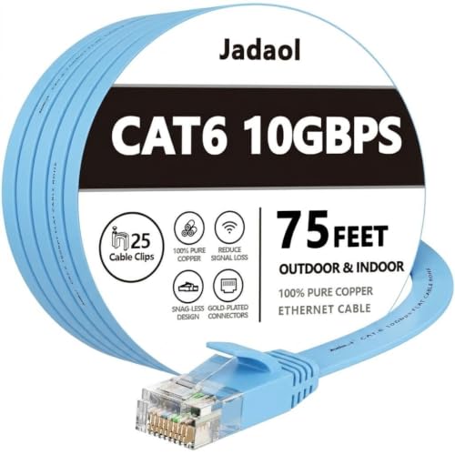 Image of Jadaol Cat6 Ethernet Cable 75FT with Clips 10Gbps Flat Network Cable, Blue