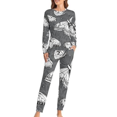Pyjama femme manches longues Papillon Blanc avec pantalon en coton fluide