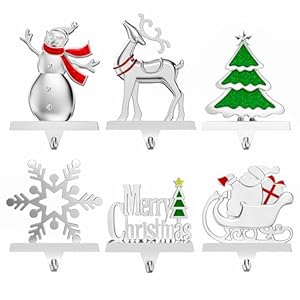 Christmas Stocking Holders for Mantle Set of 6, Stockings Hangers Snowflake Snowman Tree Deer Reindeer Heavy Weighted Hooks for Mantel Fireplace Windows Indoor Decorations Silver Christmas Stocking Holders for Mantle Set of 6 Stockings Hangers Snowflake Snowman Tree Deer Reindeer Heavy Weighted Hooks for Mantel Fireplace Windows Indoor Decorations Silver