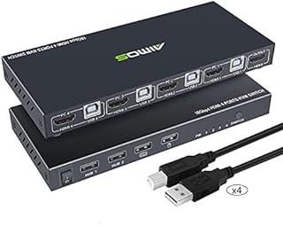 AIMOS KVM Switch, 4 In 1 Out HDMI Switcher Box Support 4K@60Hz For 4 PC Share Keyboard And Mouse, Support USB Hub Connect, Compatible With Windows/Linux/Mac System etc, With 4 Cables