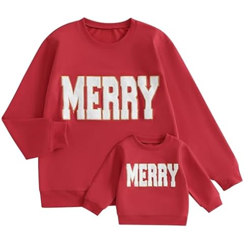 Family Matching Mommy and Me Christmas Sweatshirt Long Sleeve Crewneck Merry Embroidery Pullover Top(Mama Red,XXL) Cover