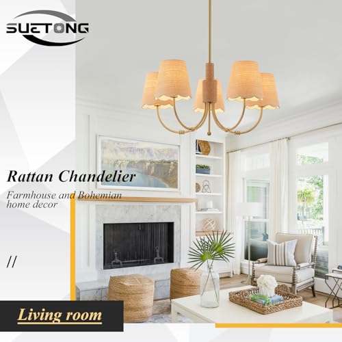SUETONG Boho Rattan Chandelier, Antique Brass Farmhouse Chandeliers, 5-Lights Coastal Pendant Light Fixtures for Dining Room Kitchen Island Living Room - Image 6