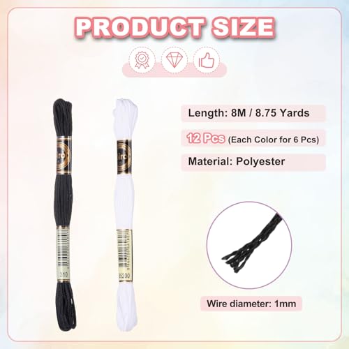 Image of PATIKIL 12 Skeins Embroidery Floss Polyester Embroidery Threads Bracelets String for Cross-Stitch Hand Embroidery, Black /White