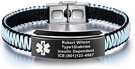 JUST MEET YOU Medical Alert Bracelets for Women Personalized | Customizable Medical ID Bracelet for Men Girls & Boys | Blue&Black Nylon Rope Handmade Braided Bracelets, Adjustable