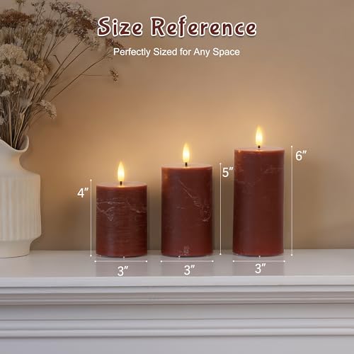 Image of Brown Flameless Pillar Candles with Remote, Real Wax Flickering Battery Operated Candles, LED Decorative Candles for Home Decor, Table, Fireplace Mantle, Set of 3