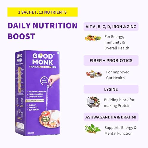 Good Monk Multivitamin,Probiotic & Fibre Mix (Add To Food,No Taste Change) Improves Immunity,Gut Health,Energy. With Vitamin B12,C,D,Iron,Zinc,1.3 Bn Probiotics|For Kids,Men & Women - 60 Sachets