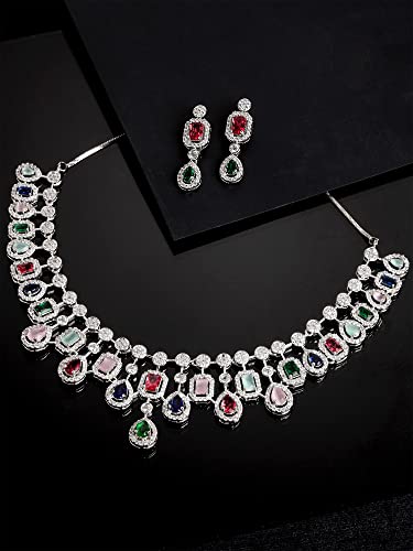Image of Karatcart Silver Toned American Diamond Studded Jewellery Set for Women