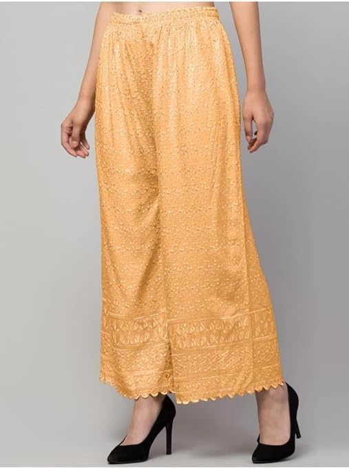 Image of Women's Palazzo Pants Rayon Trousers Chikankari Embroidered Lace Trim Wide Leg Straight Fit Flared Palazzo for Girls & Women