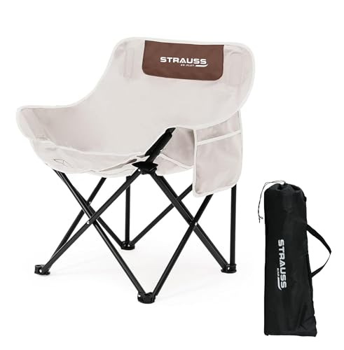 STRAUSS Camping Chair with Side Pockets | Carbon Steel Frame Folding Portable Chair for Travelling, Camping, Beach(Beige)
