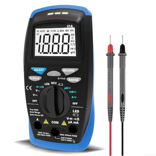 Gdfnmogo Multímetro digital con rango automático y verdadero RMS para medición precisa de voltaje, corriente y resistencia, detección sin contacto, retención de datos, azul