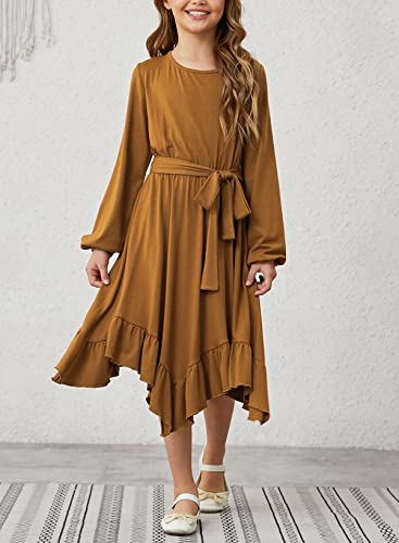 Blibean Girl Fall Boho Dress Kid Long Sleeve Tween Bohemian A-Line Round Neck Skater Dresses Solid Maxi Flowy Swing Clothes Size 10-11 Years X-Large Brown #TOP1