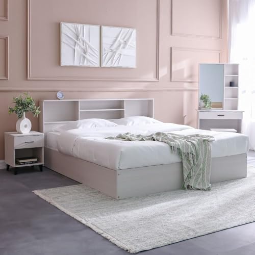 Danube Home Gamorah 5 Pieces Bed Set King Size + Night Stand + Dresser And Stool With Mirror | Comfortable Bedset Full | Sturdy Modern Design Wooden Bed Room Set Furnitures (Ash White, King)