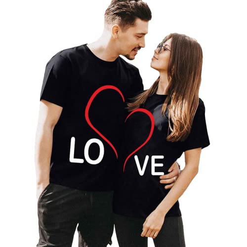 Wlabe💋 T-Shirt PartnerLook Couple Set Doux pour Les Couples comme des Cadeaux Tee Shirt Couple Love Impression Lettre Homme Femme T Shirt à Col Rond Top à Manches Courtes (M, Femme, Noir)