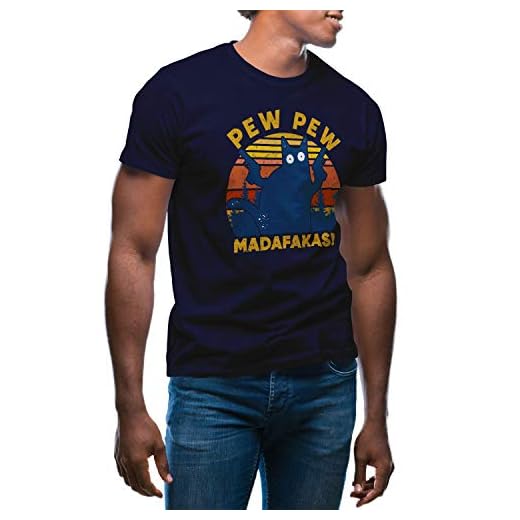 Retro Pew Pew Madafakas Cat with Guns Blå T-shirt för män Size S