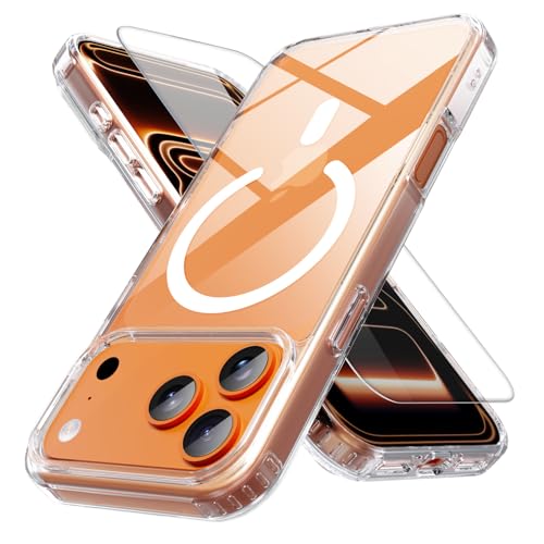 PinLiSheng Anti-Yellowing Magnetic for iPhone 17 Pro Case with 1 Screen Protector [Mil-Grade Drop Protection] [Compatible with Magsafe] Shockproof Slim Transparent Protective Phone Case, Clear