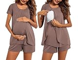 Picture of Ekouaer Women's Maternity Nursing Pajamas Set Breastfeeding Sleepwear Double Layer Short Sleeve Top & Shorts Nursing Pjs Brown M